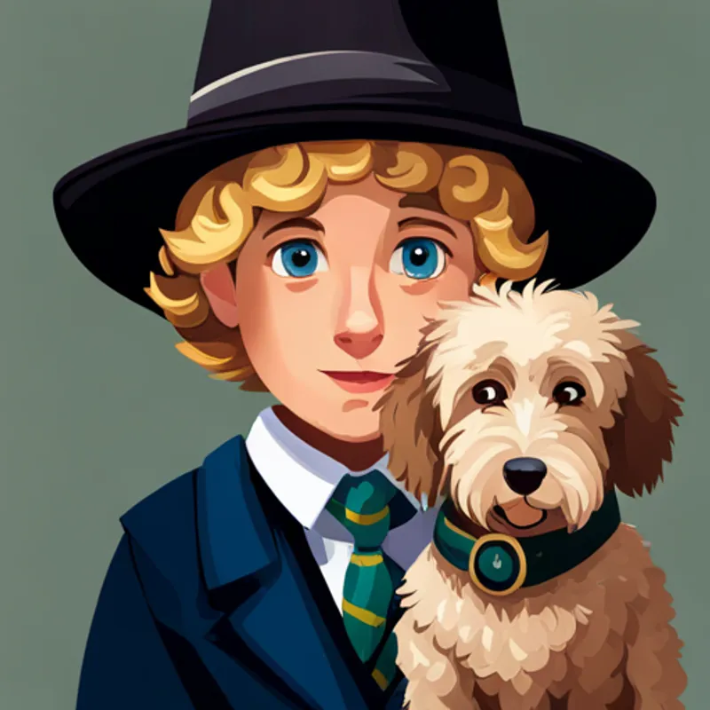 Blond-haired, blue-eyed boy wearing a detective hat and Golden doodle with curly fur and a detective collar overcoming challenges with bravery