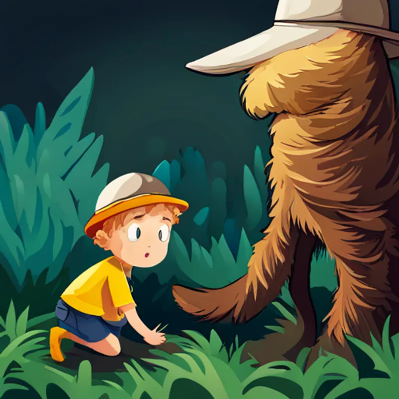 Blond-haired, blue-eyed boy wearing a detective hat and Golden doodle with curly fur and a detective collar finding the secret hideout