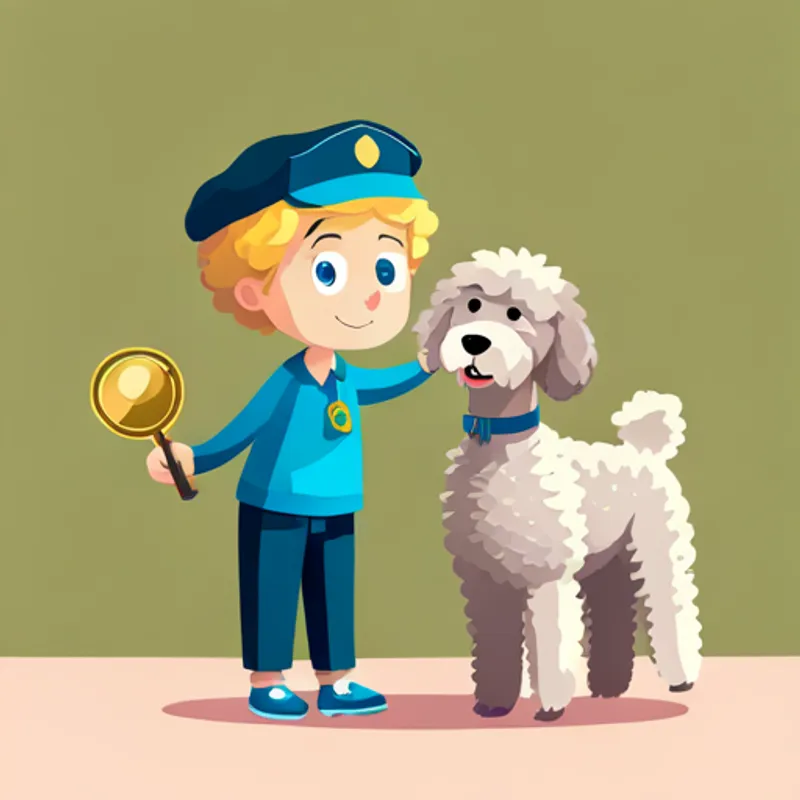 Blond-haired, blue-eyed boy wearing a detective hat and Golden doodle with curly fur and a detective collar receiving medals for their bravery