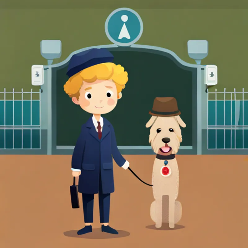 Blond-haired, blue-eyed boy wearing a detective hat and Golden doodle with curly fur and a detective collar standing proudly in front of a detective sign