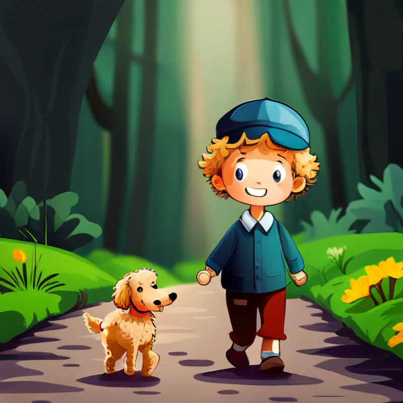 Blond-haired, blue-eyed boy wearing a detective hat and Golden doodle with curly fur and a detective collar walking towards a new adventure