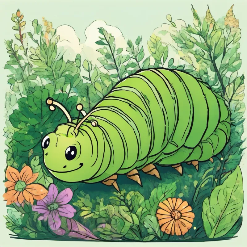 Green caterpillar with curious black eyes eating, surrounded by plants.