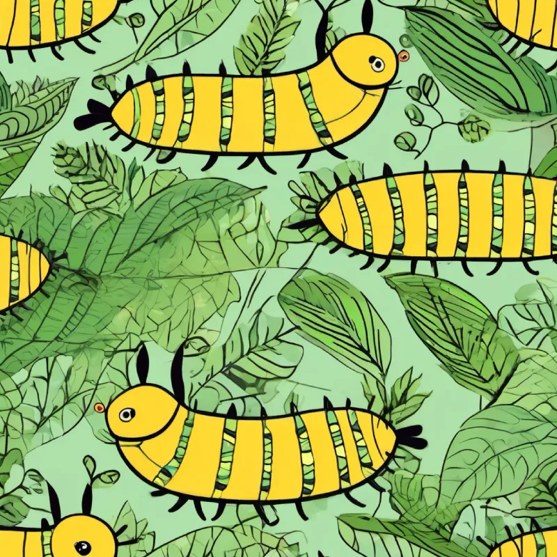 Yellow caterpillar with bright black eyes near Green caterpillar with curious black eyes, eating leaves.