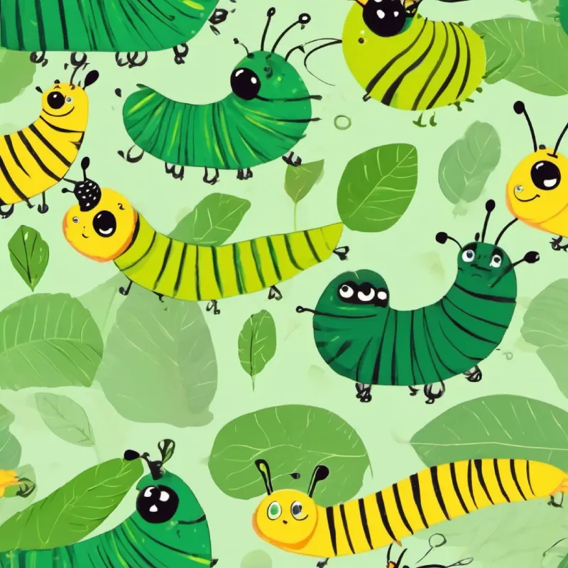 Green caterpillar with curious black eyes and Yellow caterpillar with bright black eyes discussing dreams.