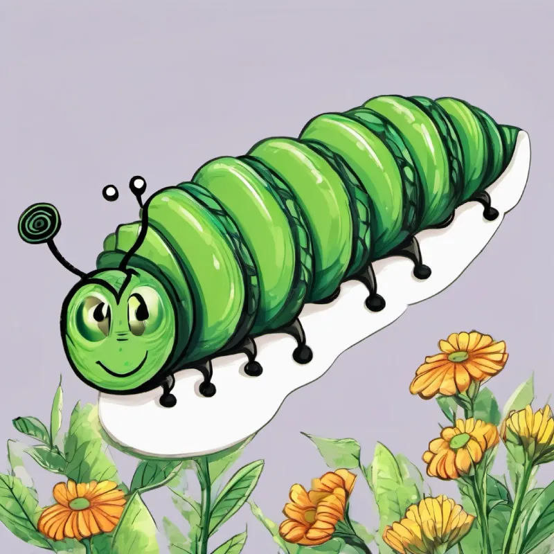 Green caterpillar with curious black eyes emerging as a butterfly.