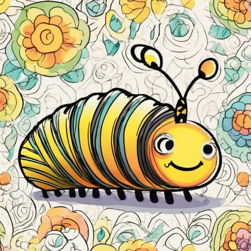 Yellow caterpillar with bright black eyes emerging, showing colorful wings.