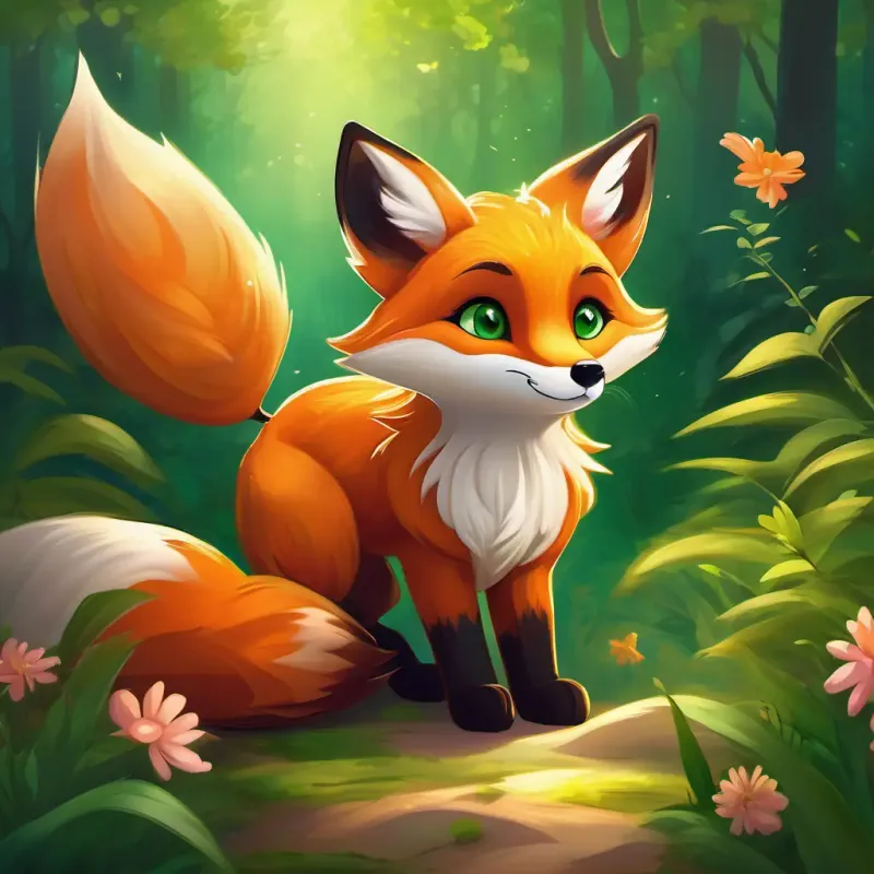 Introduction to Young fox with orange fur, bright green eyes, and a playful nature and the magical forest, with lush trees and glowing flowers.