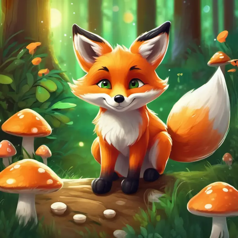 Young fox with orange fur, bright green eyes, and a playful nature having fun in the forest, with playful mushrooms and a sparkling slide.