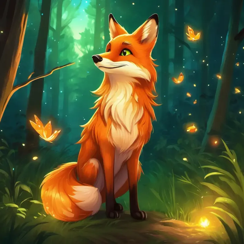 Young fox with orange fur, bright green eyes, and a playful nature meeting the wise old owl and following the glowing fireflies.
