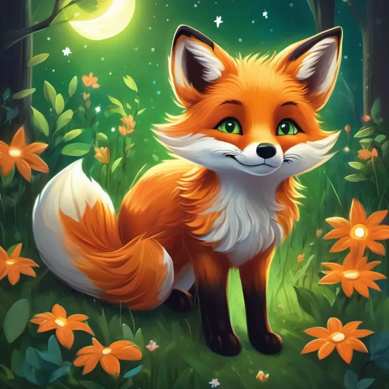 Young fox with orange fur, bright green eyes, and a playful nature finding the Starflower in a moonlit clearing, with magical surroundings.