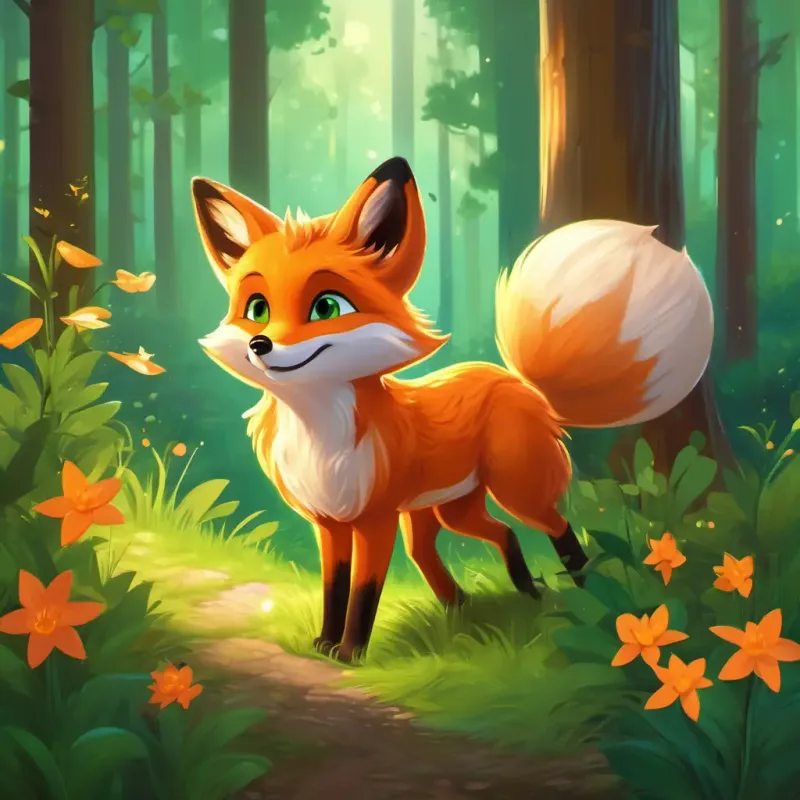 Young fox with orange fur, bright green eyes, and a playful nature feeling joy and the forest lighting up with the magical Starflower.