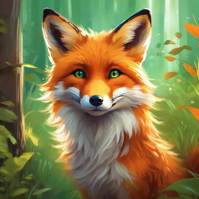 Young fox with orange fur, bright green eyes, and a playful nature returning home and promising more adventures with friends.