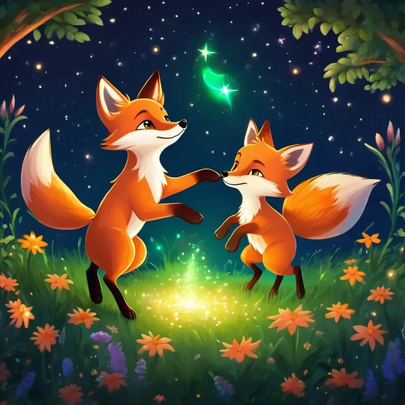 Young fox with orange fur, bright green eyes, and a playful nature and friends dancing under the stars with the magical glow of the Starflower.