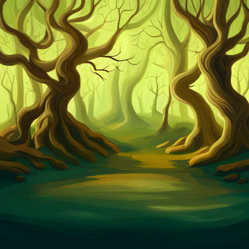 Bosque luminoso con árboles misteriosos susurrando secretos