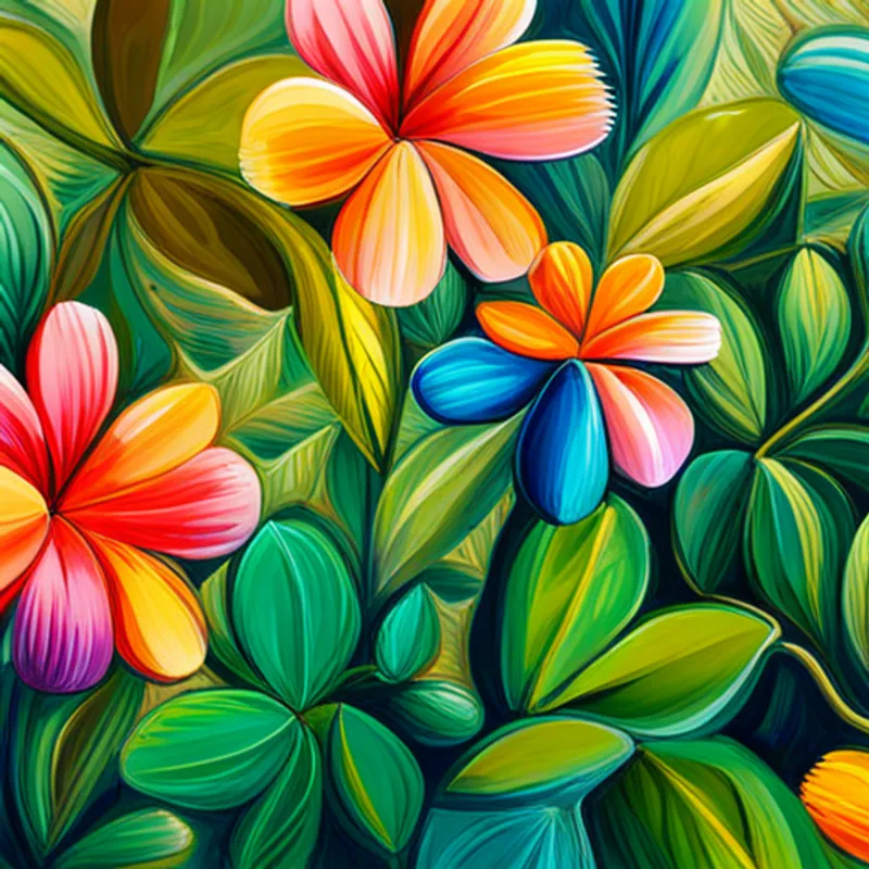 Flores de colores y hojas verdes brillantes floreciendo y el ser lleno de alegría