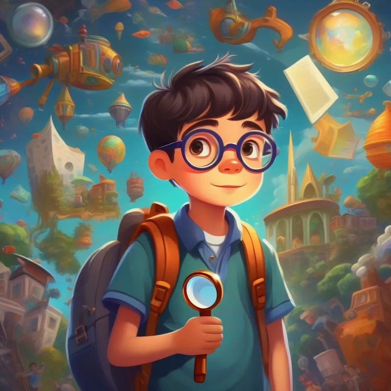 Curious kid wearing glasses, with a backpack and a magnifying glass dreaming about inventing things, surrounded by drawings