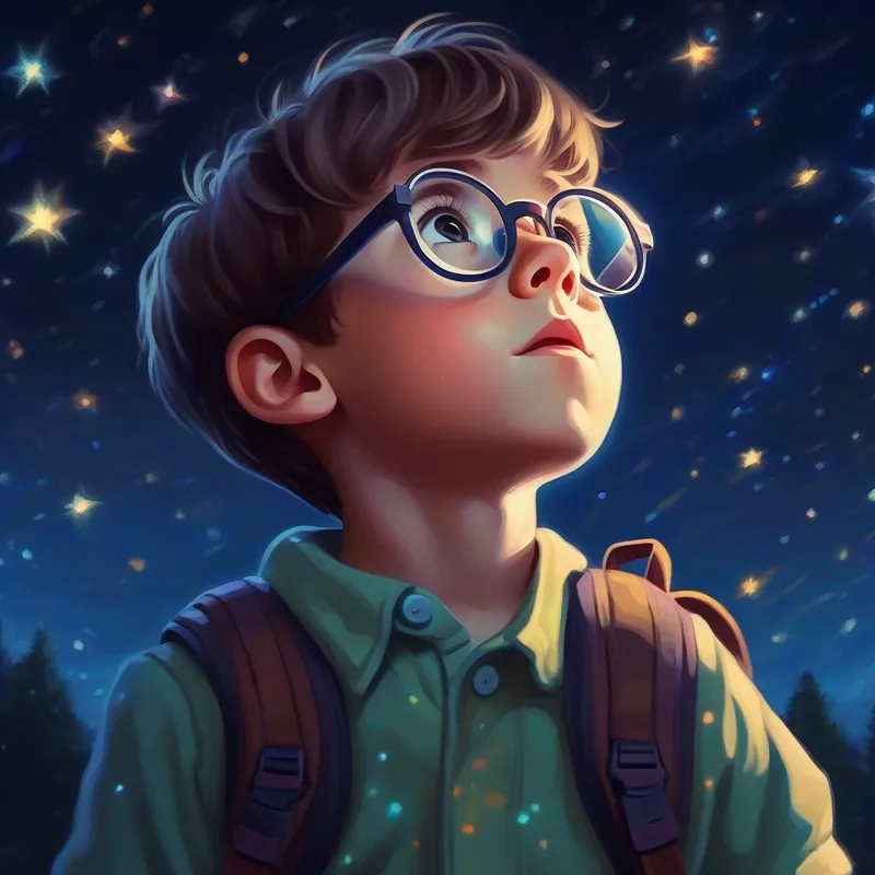 Curious kid wearing glasses, with a backpack and a magnifying glass looking up at the stars with a sense of wonder