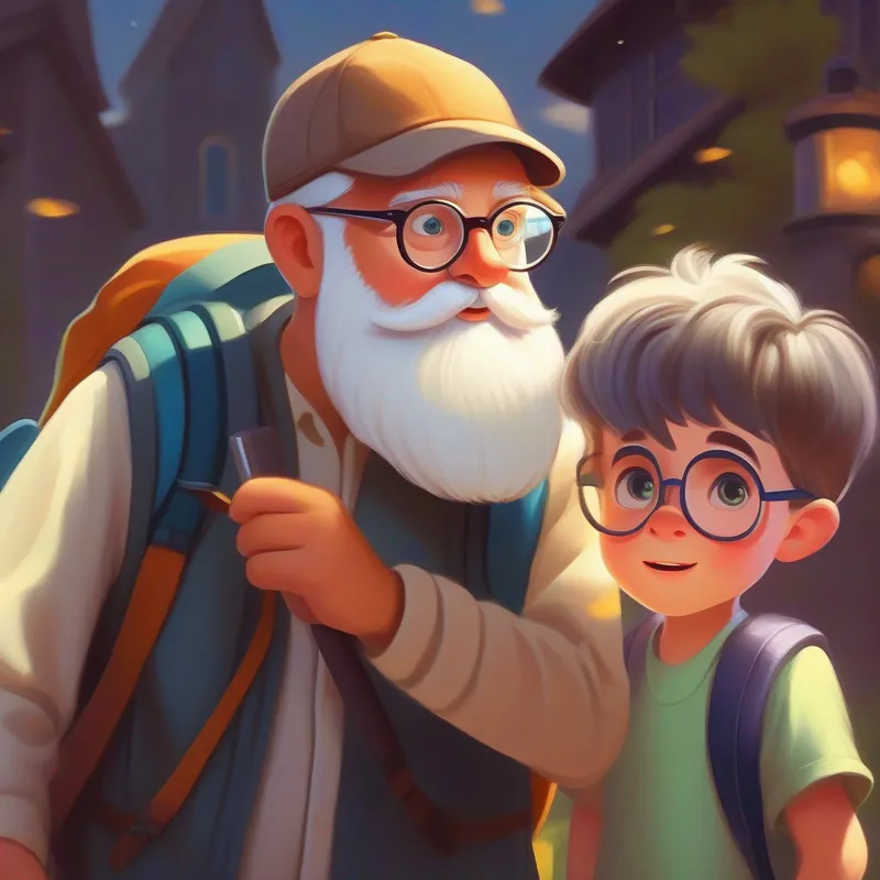 scientist who had white beard and glasses,   talking Curious kid wearing glasses, with a backpack and a magnifying glass holding