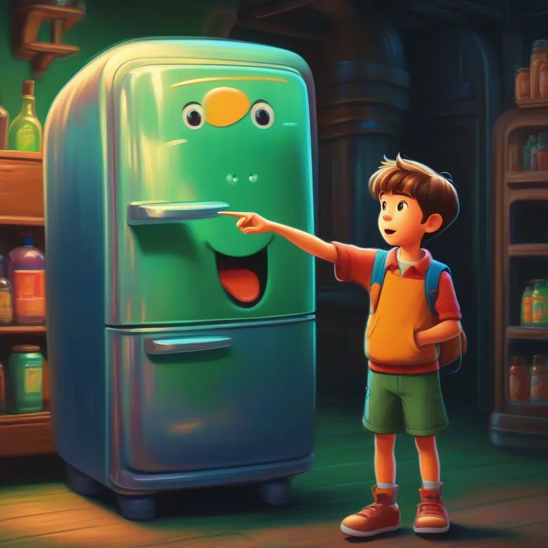 Oliver showing a drawing of a refrigerator and pointing at the refrigerant