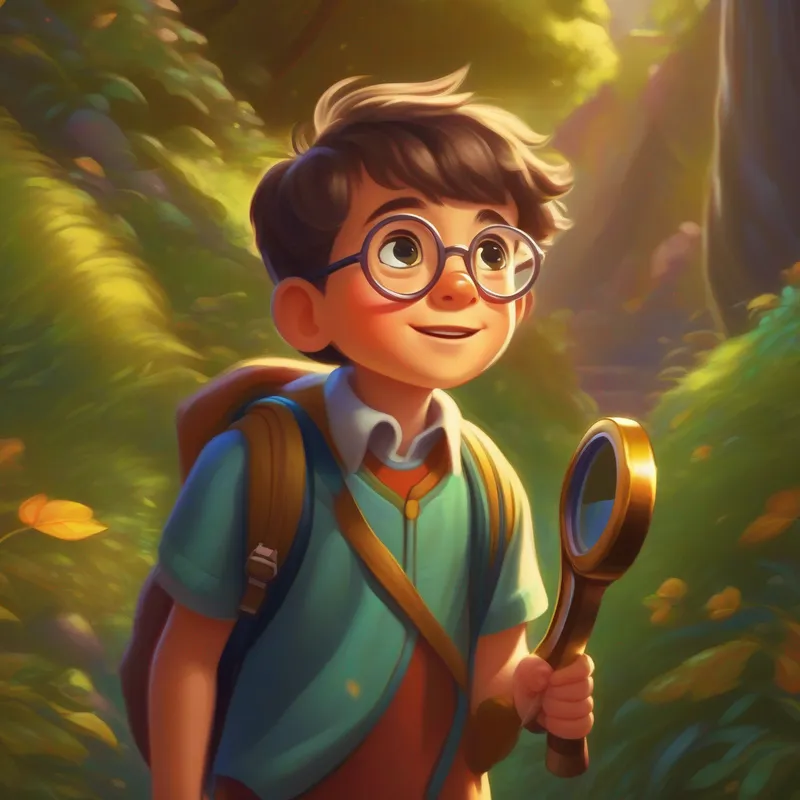 Curious kid wearing glasses, with a backpack and a magnifying glass waving goodbye to Oliver, the old scientise