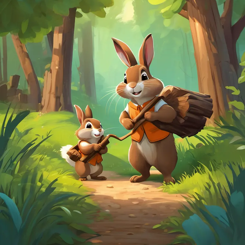 With great enthusiasm, Carry carried the logs one by one, using his strong squirrel arms. As they reached the beaver dam, they saw a friendly rabbit named Build. Build was busy constructing a new burrow for his family. Carry and Cut joined in to help, using the logs Carry had just carried. They worked together, building the burrow with precision, soon creating a cozy and safe home for the rabbit family.