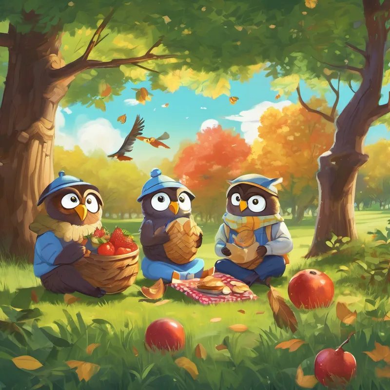 Feeling proud of their accomplishments, Carry, Cut, and Build decided to take a break and enjoy a delicious picnic. They sat together under a tall oak tree, munching on acorn sandwiches and sipping sweet berry juice. While enjoying their picnic, they heard a gentle voice nearby. They followed the sound and discovered a wise owl named Find. The owl had lost her favorite feathered pen and desperately needed help finding it.
