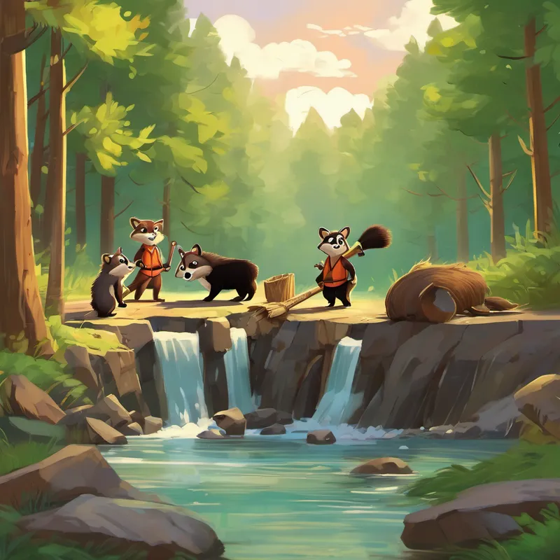 They hurriedly ran towards the noise and found a clumsy raccoon named Break, who had accidentally knocked over the beaver dam they had worked so hard to build. Carry, Cut, Build, and Find were worried about the safety of the animals living in the dam. They gathered together and quickly went to work, using their combined wisdom and skills to fix the dam. Soon, the dam was even stronger than before!