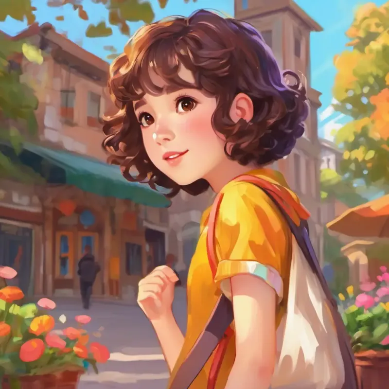 Short, curly hair, wide brown eyes, always wears colorful clothes enters art school, colorful art everywhere, feeling excited.