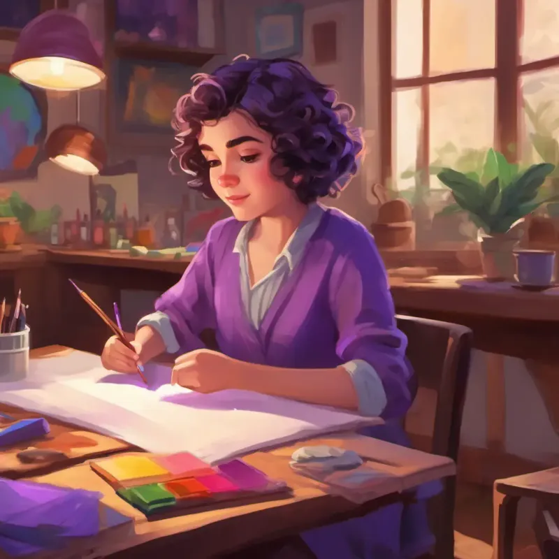 Art class in session, Short, curly hair, wide brown eyes, always wears colorful clothes learns color mixing, creates purple.