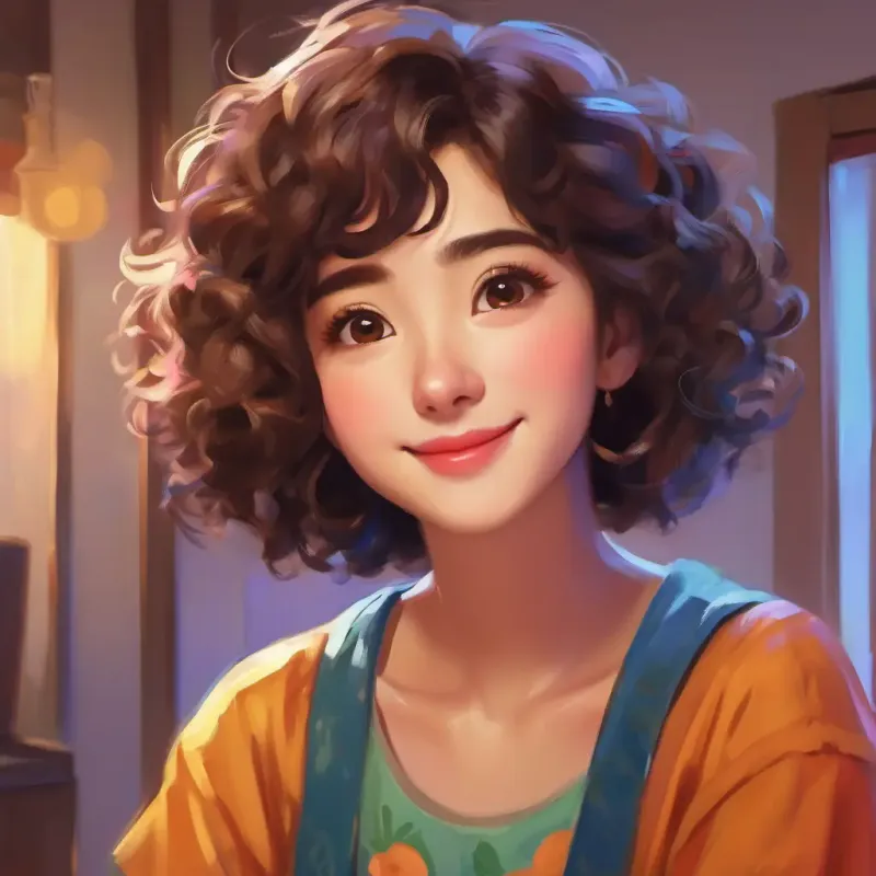 Short, curly hair, wide brown eyes, always wears colorful clothes's first painting, feeling nervous then joyful, room filled with art.
