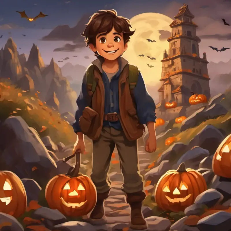 A young boy with a big smile, messy brown hair, and curious eyes gathering stones, carving them, and building the tower