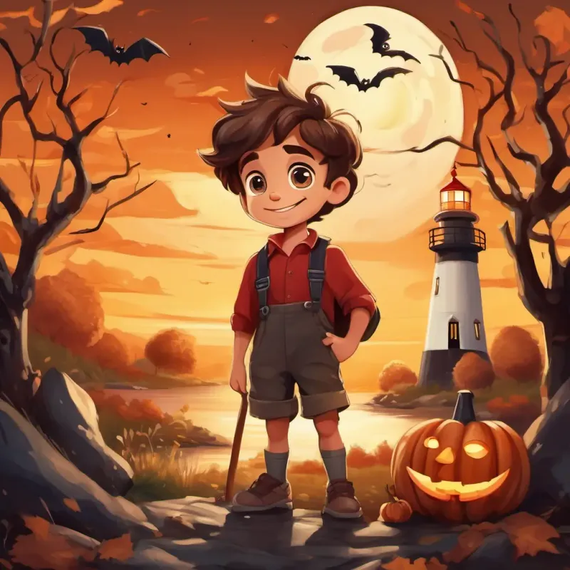 A young boy with a big smile, messy brown hair, and curious eyes standing next to the completed lighthouse