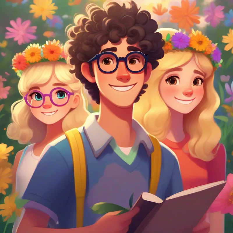 Introducing Max - brown-haired, wearing glasses, always carrying a sketchbook, his girlfriend Lily - blonde-haired, with a flower tiara, always wearing colorful clothes, and his best friend Leo - tall and athletic, with curly black hair and a mischievous smile.