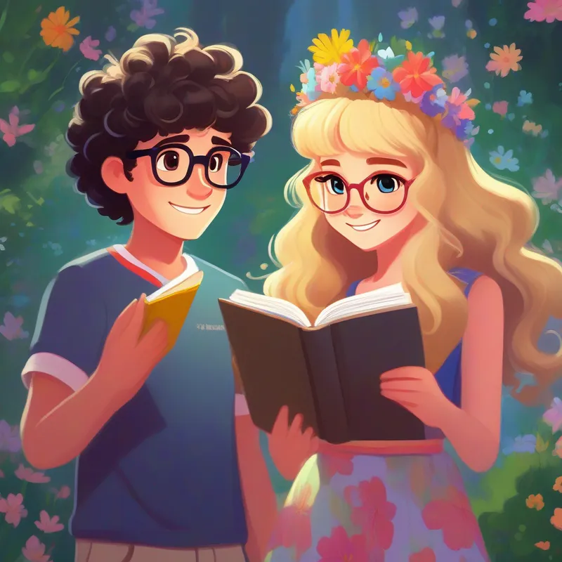 Max - brown-haired, wearing glasses, always carrying a sketchbook planning to have a heart-to-heart conversation with Lily - blonde-haired, with a flower tiara, always wearing colorful clothes and Leo - tall and athletic, with curly black hair and a mischievous smile.