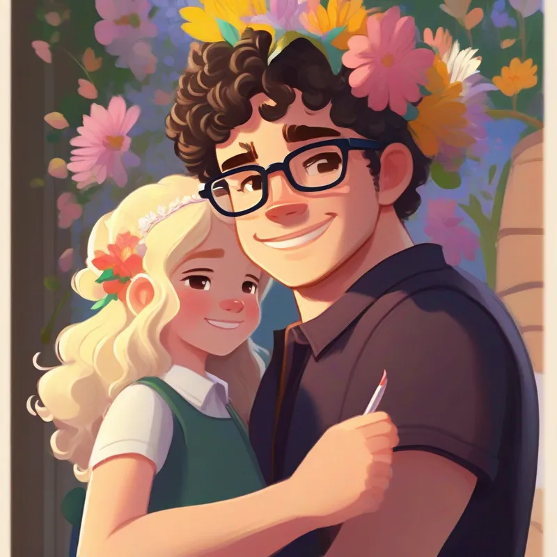 Max - brown-haired, wearing glasses, always carrying a sketchbook talking to Leo - tall and athletic, with curly black hair and a mischievous smile about understanding his relationship with Lily - blonde-haired, with a flower tiara, always wearing colorful clothes.