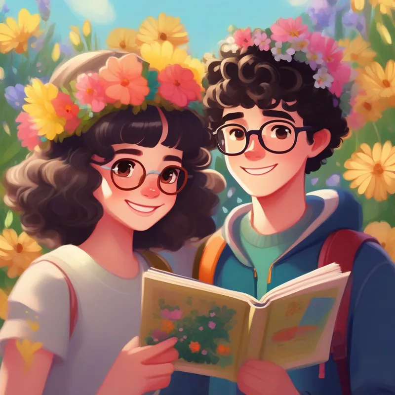 Max - brown-haired, wearing glasses, always carrying a sketchbook, Lily - blonde-haired, with a flower tiara, always wearing colorful clothes, and Leo - tall and athletic, with curly black hair and a mischievous smile finding a balance and enjoying their friendship.