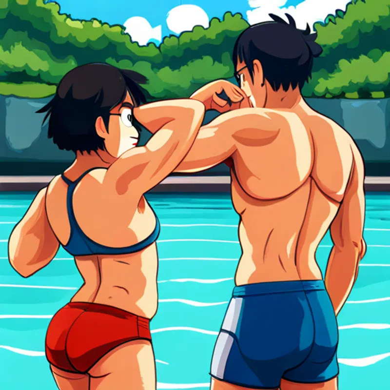 Mischievous teammates tampering with Athletic student with black hair, wearing blue swimwear's bag