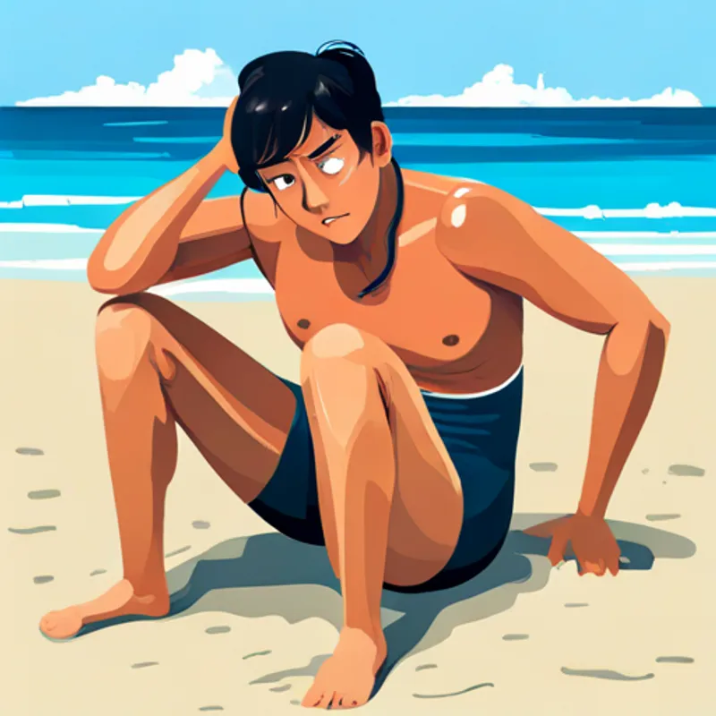Embarrassed Athletic student with black hair, wearing blue swimwear realizing something is wrong