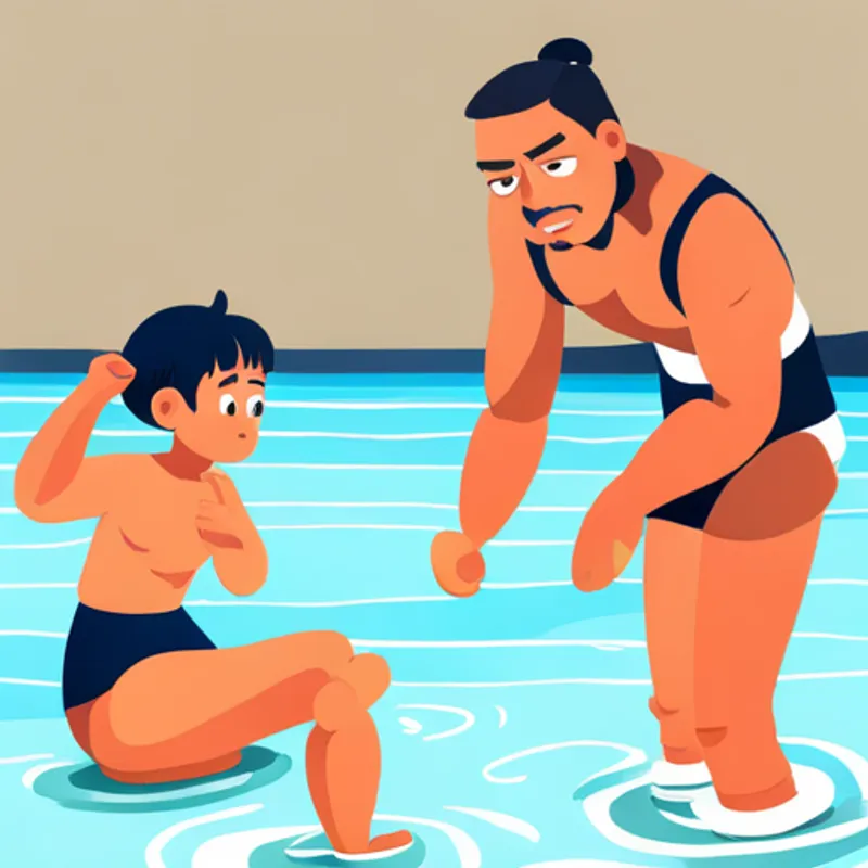 Athletic student with black hair, wearing blue swimwear feeling down while coach encourages him