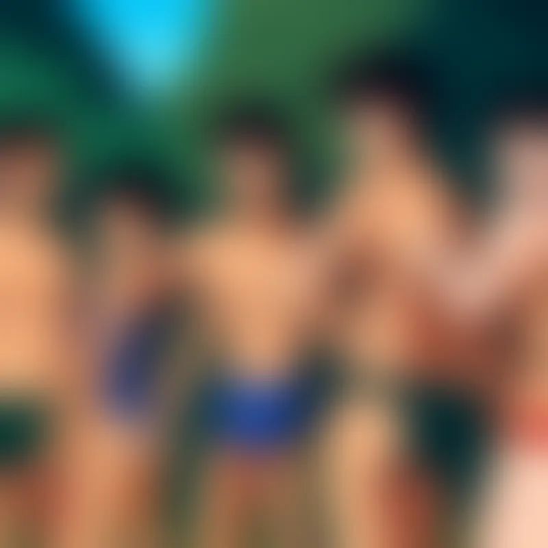 Athletic student with black hair, wearing blue swimwear and teammates arguing with angry expressions