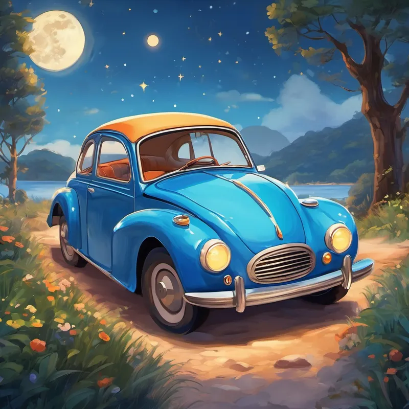 Once upon a time, in a land full of magic and wonder, there was a little blue car named Benny. Benny was not an ordinary car; he had a special gift. Whenever he went to sleep, he would dream about exploring faraway places and going on exciting adventures. Every night, as the moon rose high in the sky, Benny's little wheels would start to turn, and he would slowly drift into a peaceful slumber. That's when Benny's magical dreams would begin.