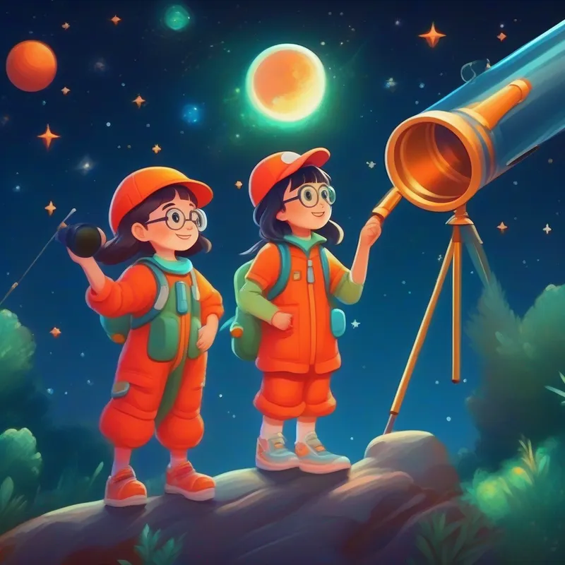 Adventurous girl in red hat and blue dress, carrying telescope and Curious friend wearing green glasses and orange spacesuit wave a magic telescope, zooming past stars.