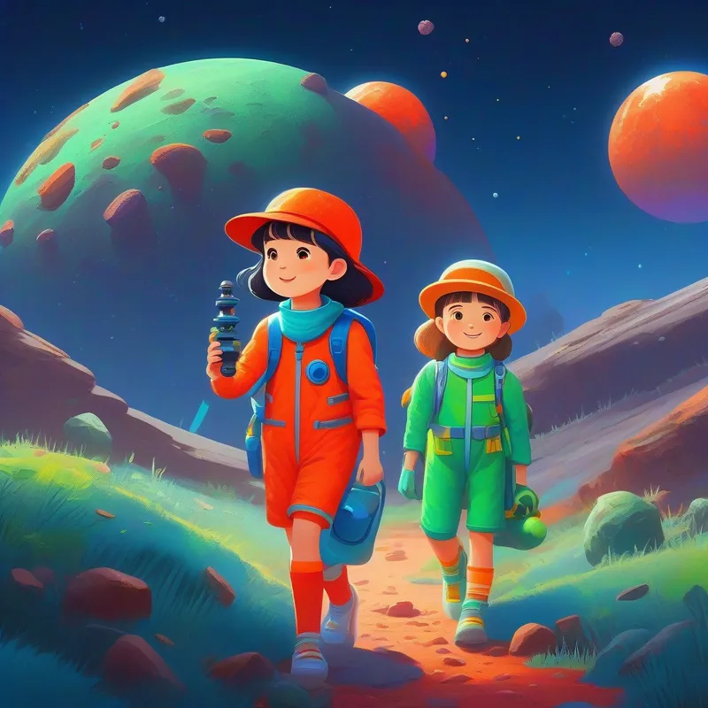 Adventurous girl in red hat and blue dress, carrying telescope and Curious friend wearing green glasses and orange spacesuit find colorful moon rocks on craters.