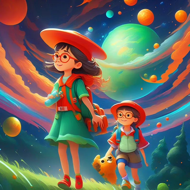 Adventurous girl in red hat and blue dress, carrying telescope and Curious friend wearing green glasses and orange spacesuit see swirling storms on Jupiter with colorful moons.
