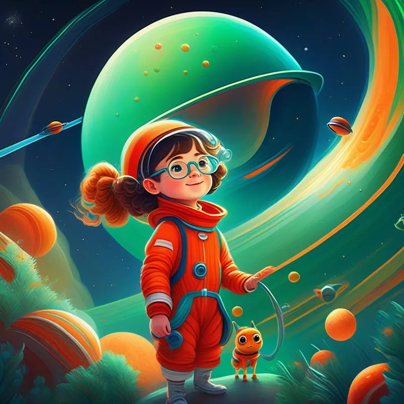Adventurous girl in red hat and blue dress, carrying telescope and Curious friend wearing green glasses and orange spacesuit fly through Saturn's rings, meet space creatures.