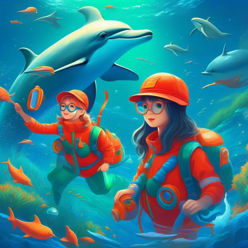 Adventurous girl in red hat and blue dress, carrying telescope and Curious friend wearing green glasses and orange spacesuit swim with dolphins in Neptune's blue oceans.