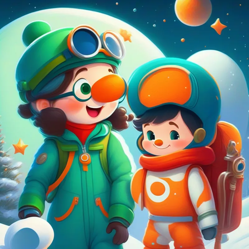 Adventurous girl in red hat and blue dress, carrying telescope and Curious friend wearing green glasses and orange spacesuit build a snowman on Pluto, laughing and playing.