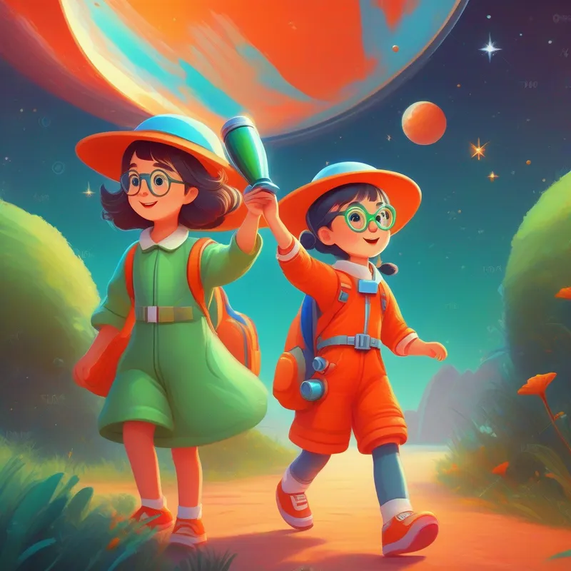 Adventurous girl in red hat and blue dress, carrying telescope and Curious friend wearing green glasses and orange spacesuit wave goodbye, holding their magic telescope happily.