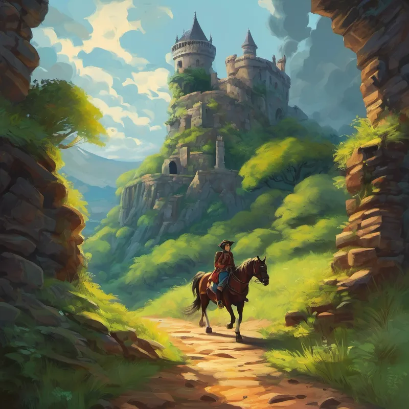 Valeria comenzó su investigación explorando las ruinas del castillo. Buscó en cada esquina, juntó escombros y examinó los restos. Encontró huellas gigantes que le indicaron el camino que el monstruo había tomado. Sin perder tiempo, subió a su fiel caballo y siguió el rastro. El camino la llevó a través de un oscuro y misterioso bosque, donde las ramas crujiendo y los susurros del viento creaban una atmósfera muy misteriosa. Pero Valeria no tenía miedo, su determinación la impulsaba a seguir adelante.