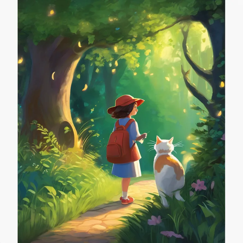 As she stepped outside her house, she found a curious creature waiting for her. It was a friendly, talking cat named Whiskers. Whiskers had heard about Lily's quest and offered to guide her through the enchanted forest where the magic to learn ABCs lived. Lily and Whiskers entered the forest, and instantly, the trees sparkled with letters of every shape and size. The leaves whispered in excitement, "A, B, C, D, E!" Lily and Whiskers followed the sounds and began their journey.